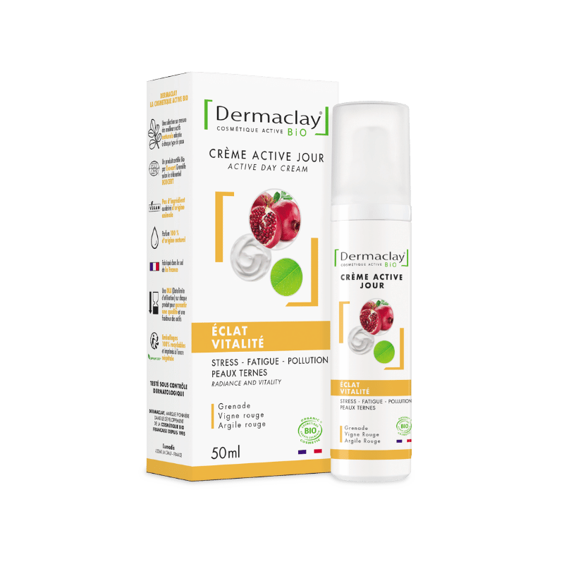 Boite et tube crème jour bio éclat Dermaclay