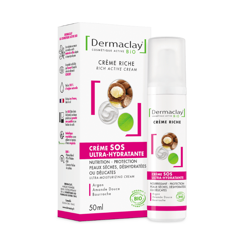 Crème pour le visage riche SOS ultra hydratante bio Dermaclay